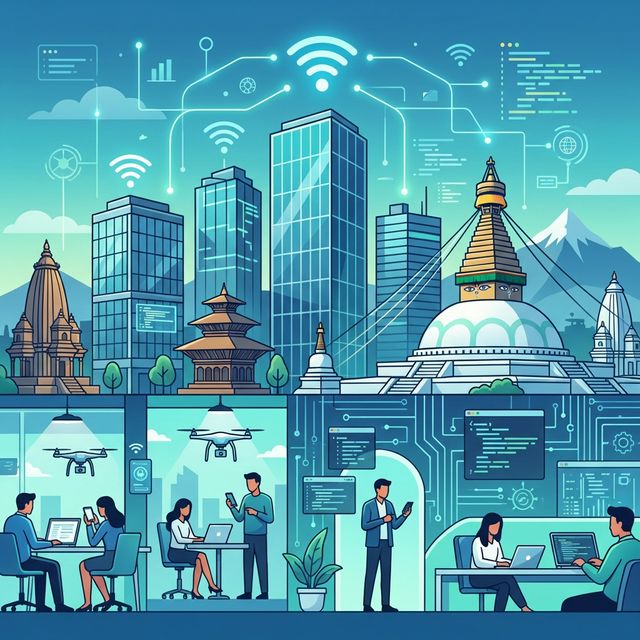 Technology landscape in Nepal showing modern city with digital connectivity symbols